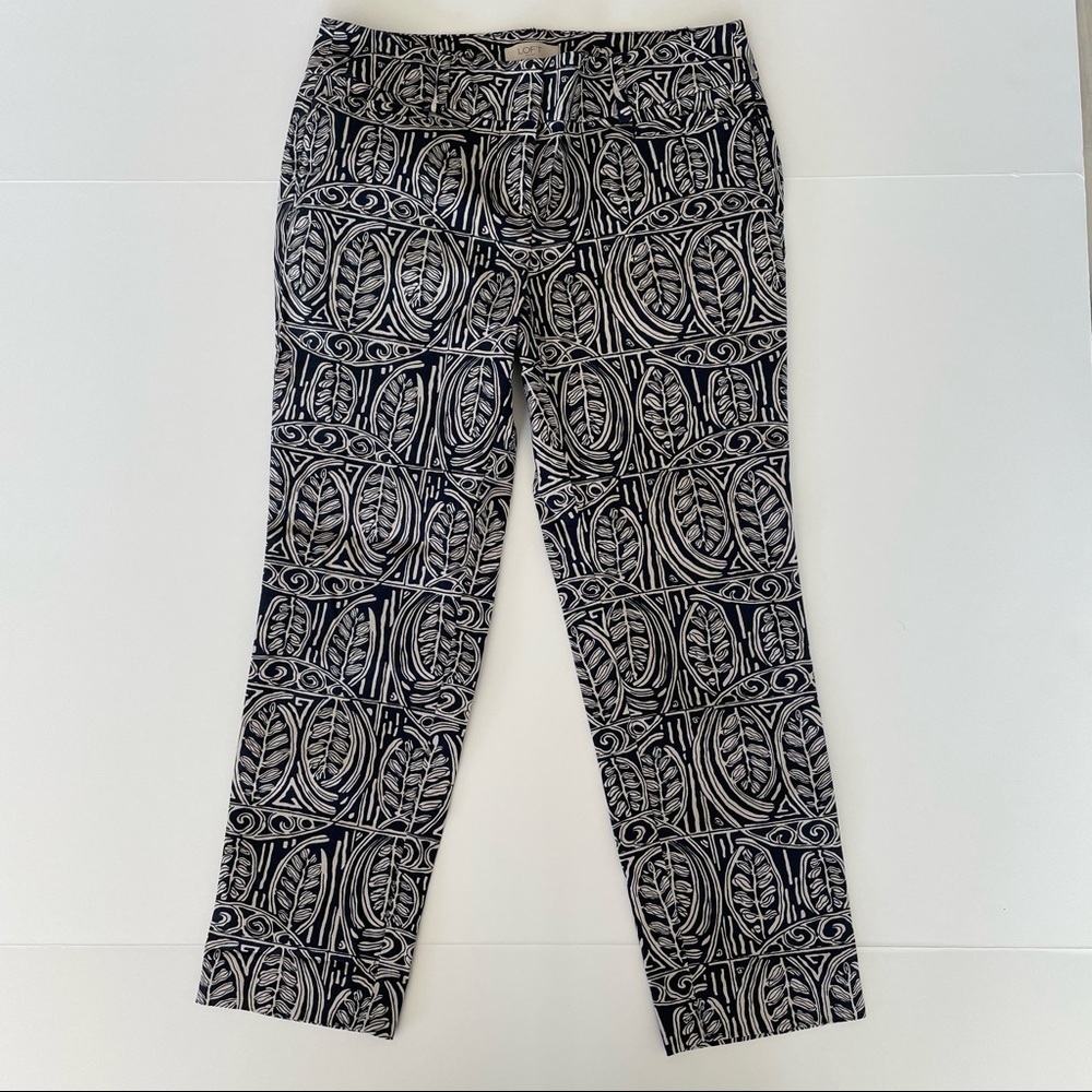 Ann Taylor LOFT Leaf Motif Prints Blue & White Ankle Pants